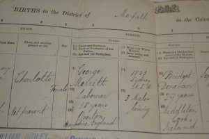 A copy of Charlotte Merritt's Birth Certificate. The original had been completed by the midwife. Bridget was illiterate. 